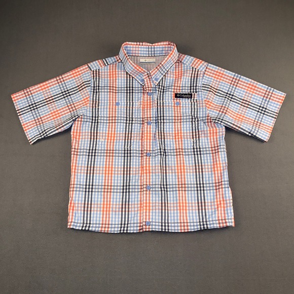 Columbia Other - Columbia PFG Boys 14/16 Plaid Short Sleeve Fishing Shirt Orange Blue Omni-Shade‎